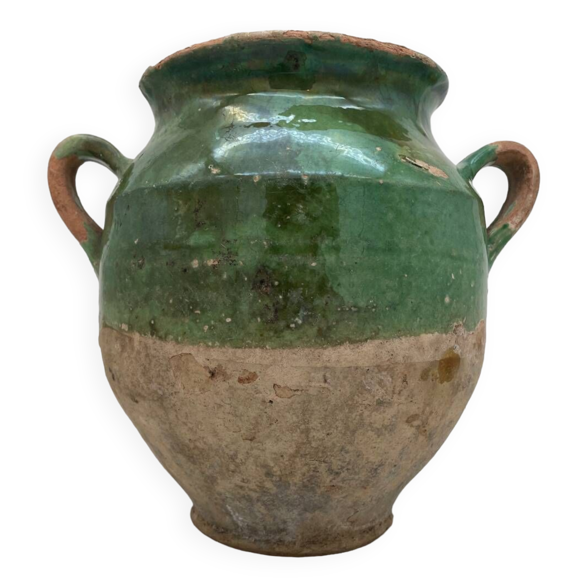 Old green glazed earthenware jam pot France 19th century