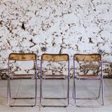 Set of 3 folding chairs in plexiglass and chrome, 1970.