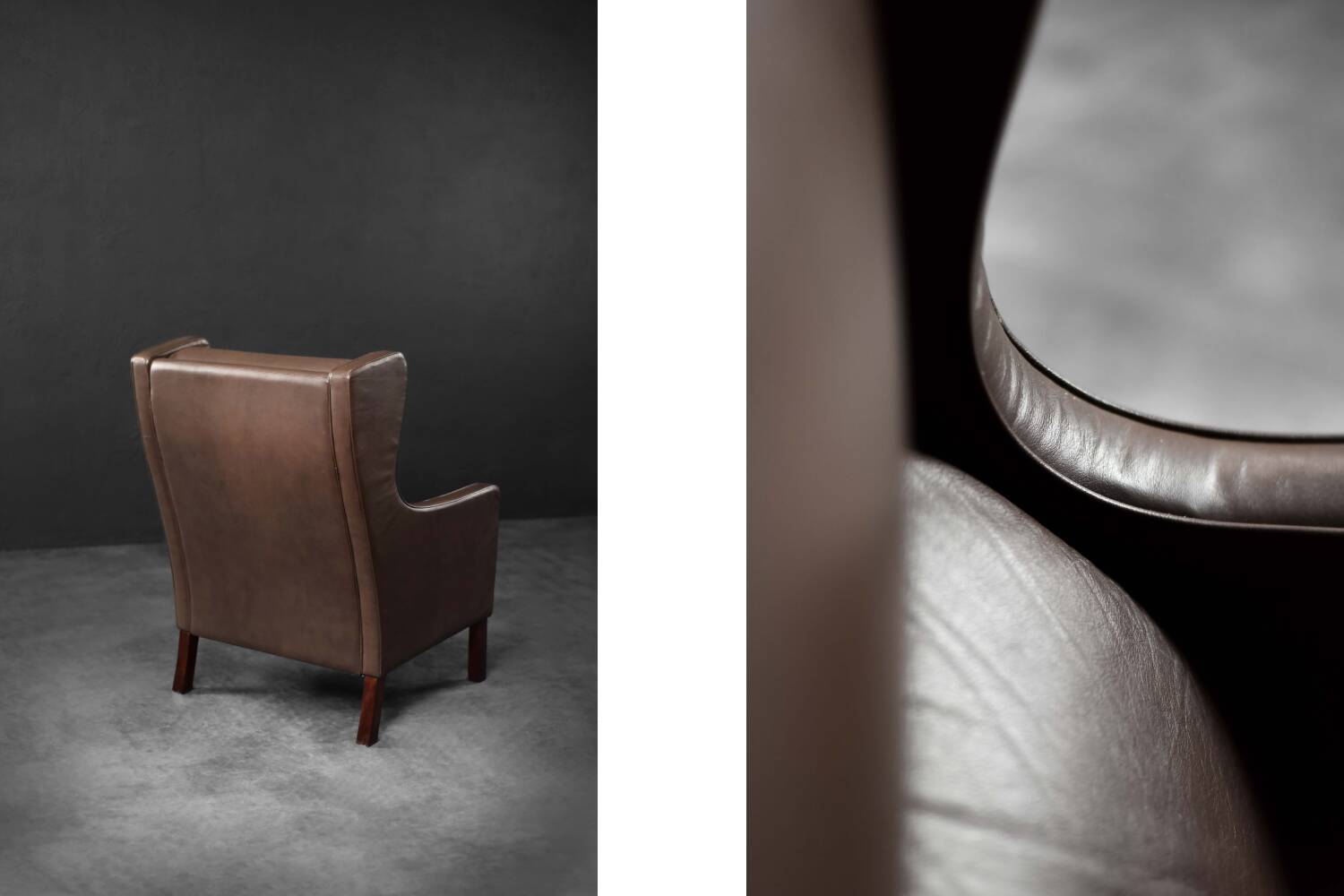 Brown leather wingback chair in mid-century modern Danish style, 1960s.
