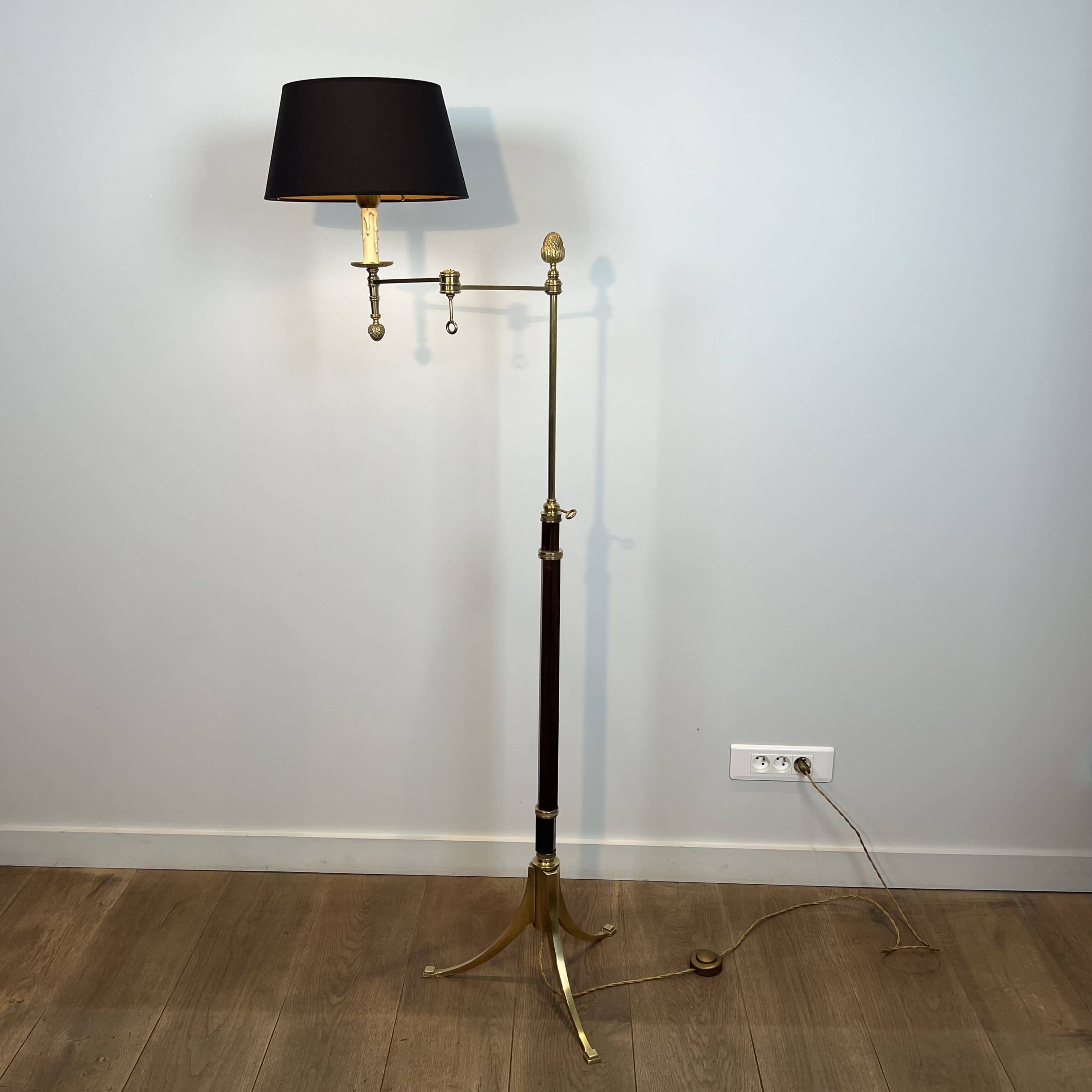 Reading Lamp in Mahogany and Gold Brass with Articulated Arm and Tripod Base