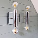 Pair of tubular double-light wall lights in chrome-plated metal, 1970s