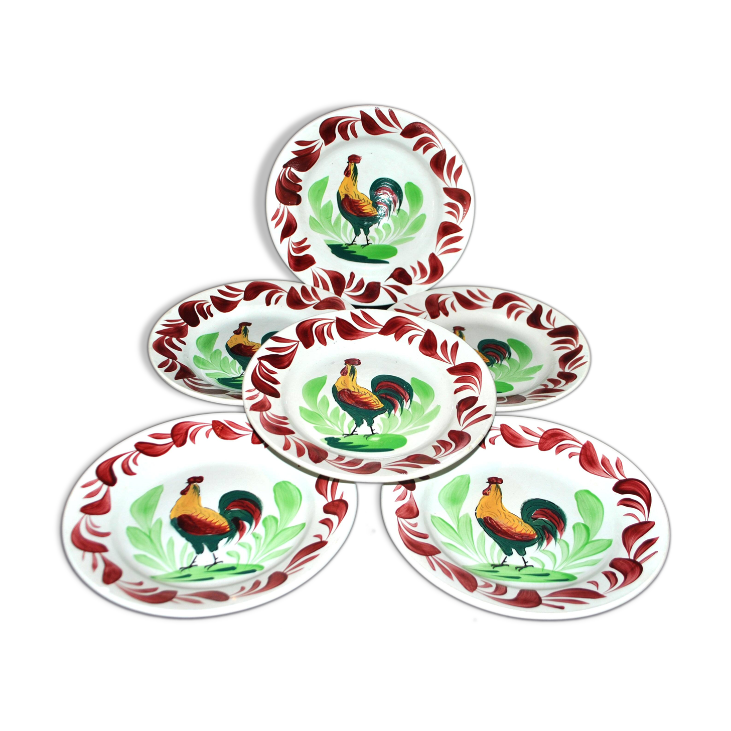 Set of 6 hand-painted Choisy-Le-Roi earthenware COQ plates