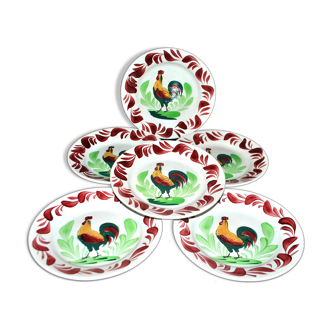 Lot 6 assiettes COQ en faïence Choisy-Le-Roi peint main