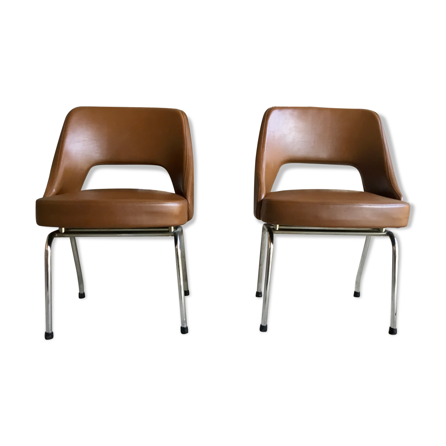 Paire de chaises conférences similicuir marron  1970