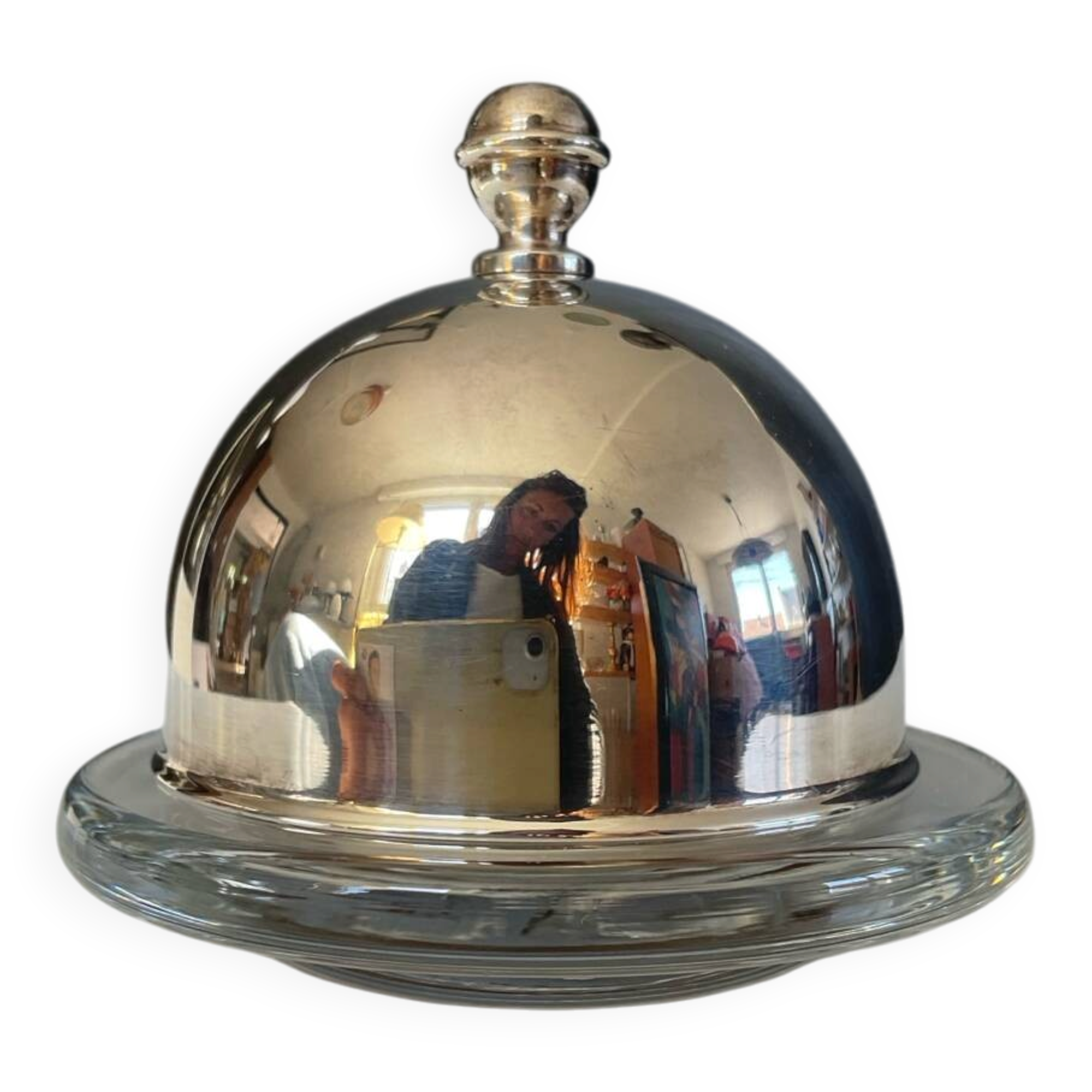 Silver-plated and glass bell-shaped butter dish from the 1970s.