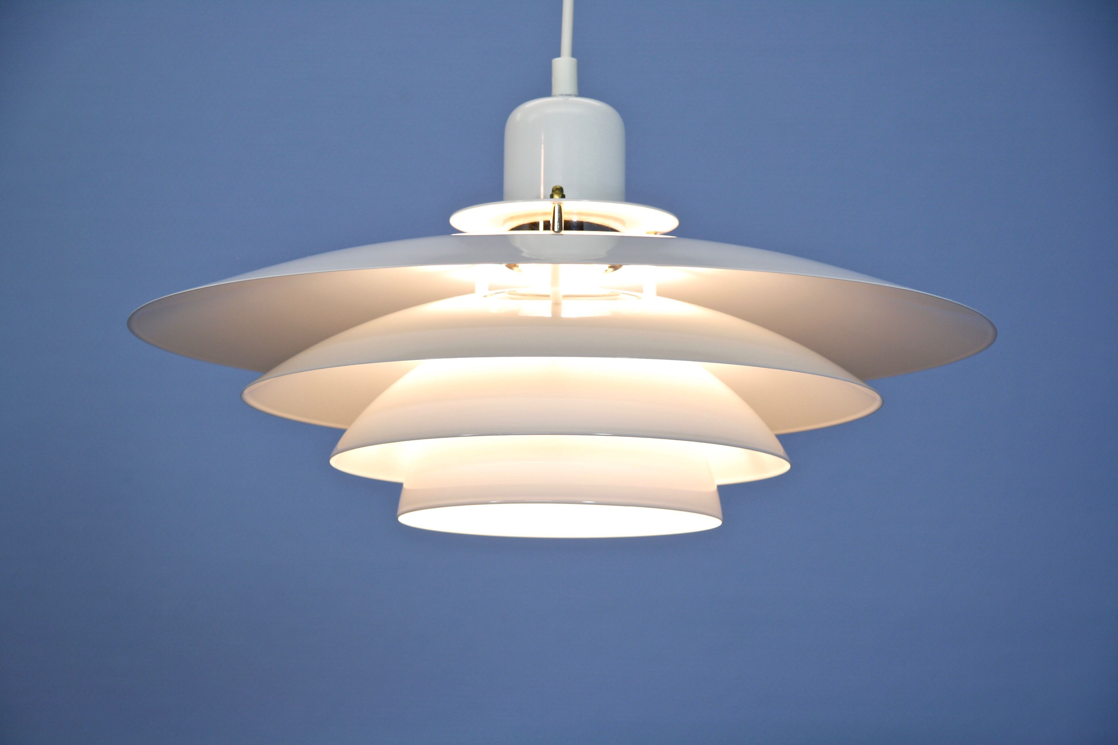 Danish hanging lamp in white with brass accent, 1980s
