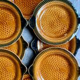 8 flat plates fish Sarreguemines in ochre glazed earthenware