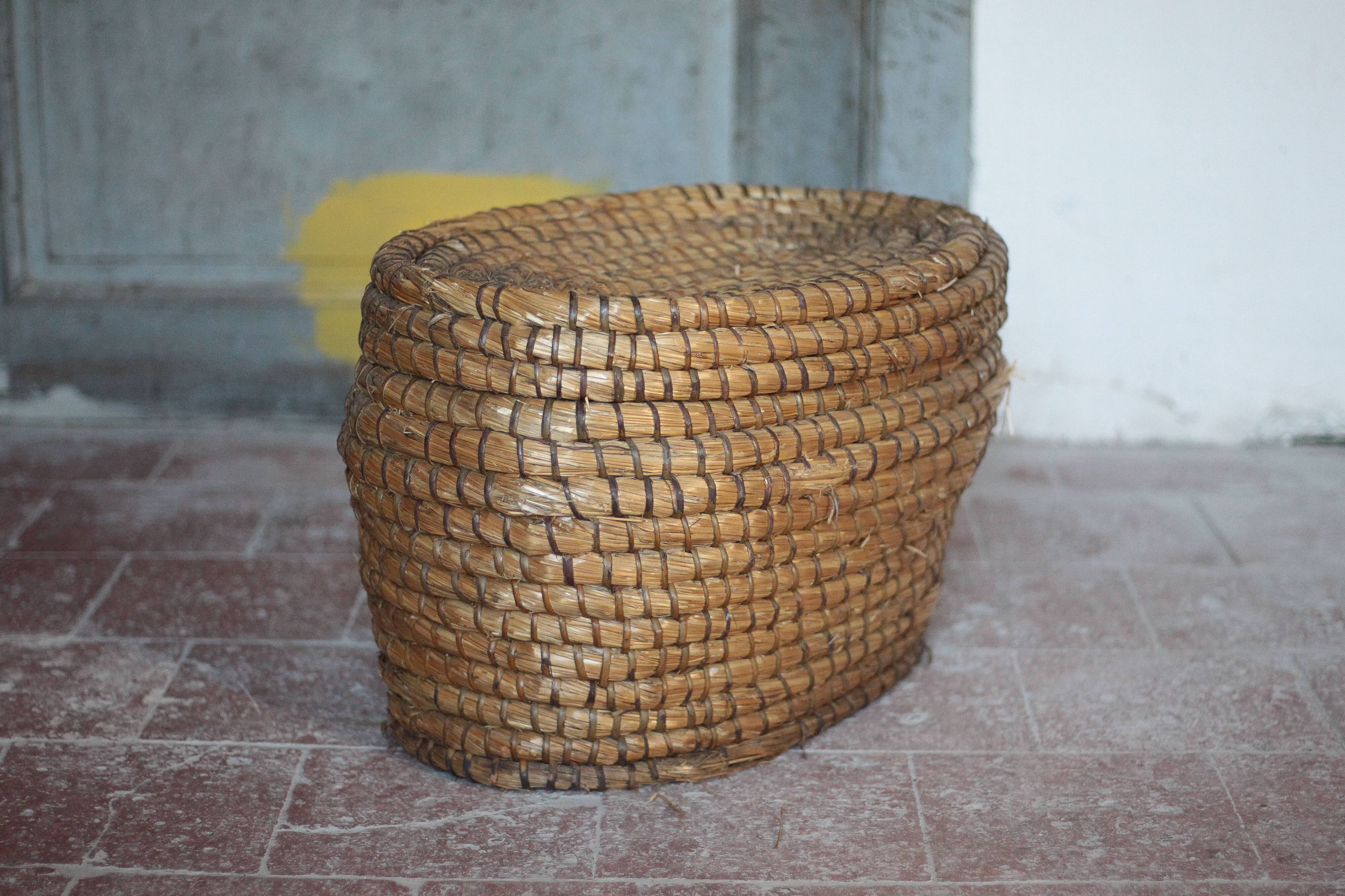 Antique basket, straw and bramble, woven basket with lid