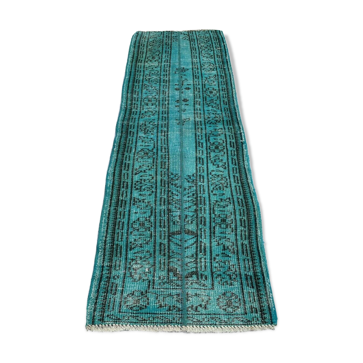 Distressed Turkish Narrow Runner 195 x 64 cm Wool Vintage rug, Overdyed Turquoise