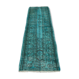 Distressed Turkish Narrow Runner 195 x 64 cm Wool Vintage rug, Overdyed Turquoise