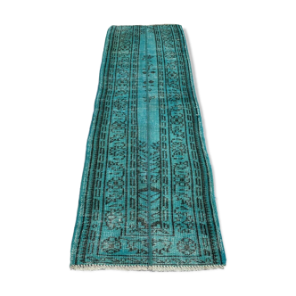 Distressed Turkish Narrow Runner 195 x 64 cm Wool Vintage rug, Overdyed Turquoise