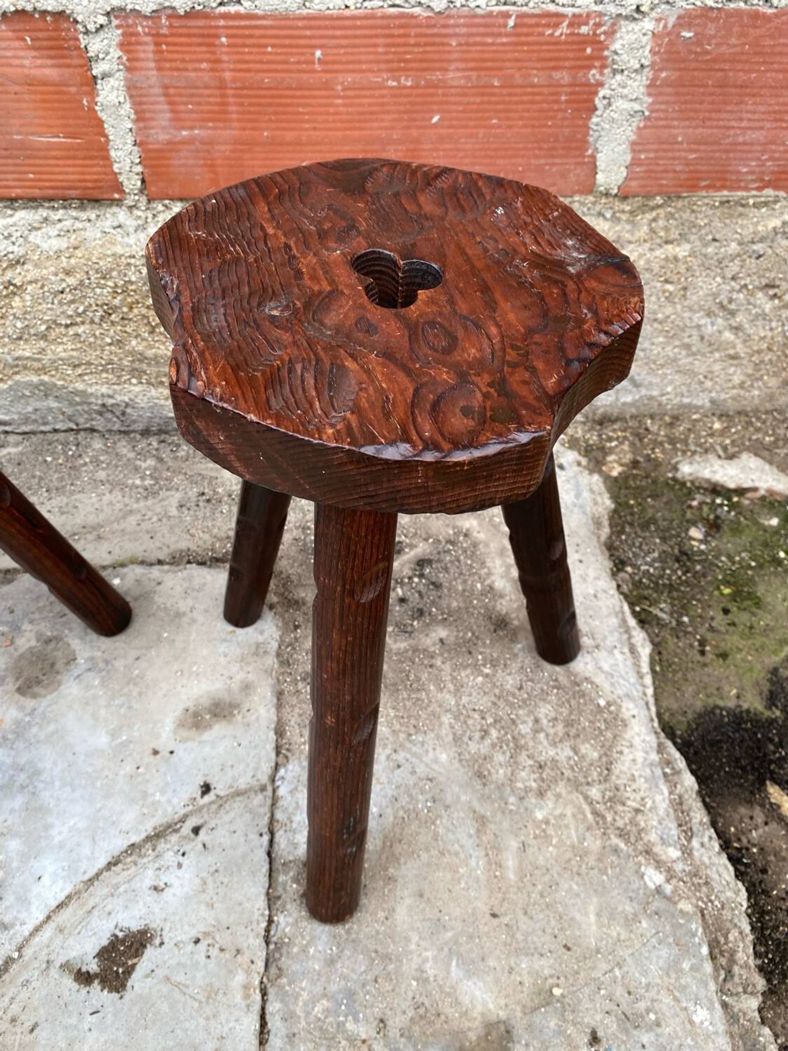 Pair of Antique Milking Stools, Tripod, Raw Wood, Folk Art, Vintage