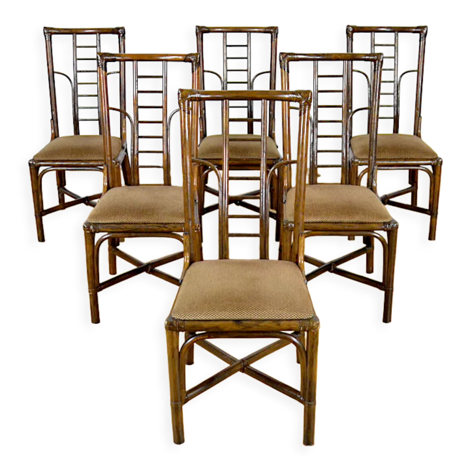 Series of 6 bamboo chairs & fabric 1980