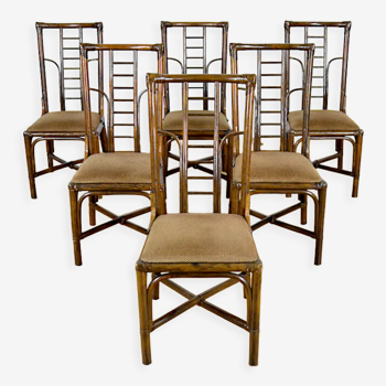 Series of 6 bamboo chairs & fabric 1980