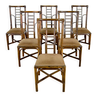 Series of 6 bamboo chairs & fabric 1980