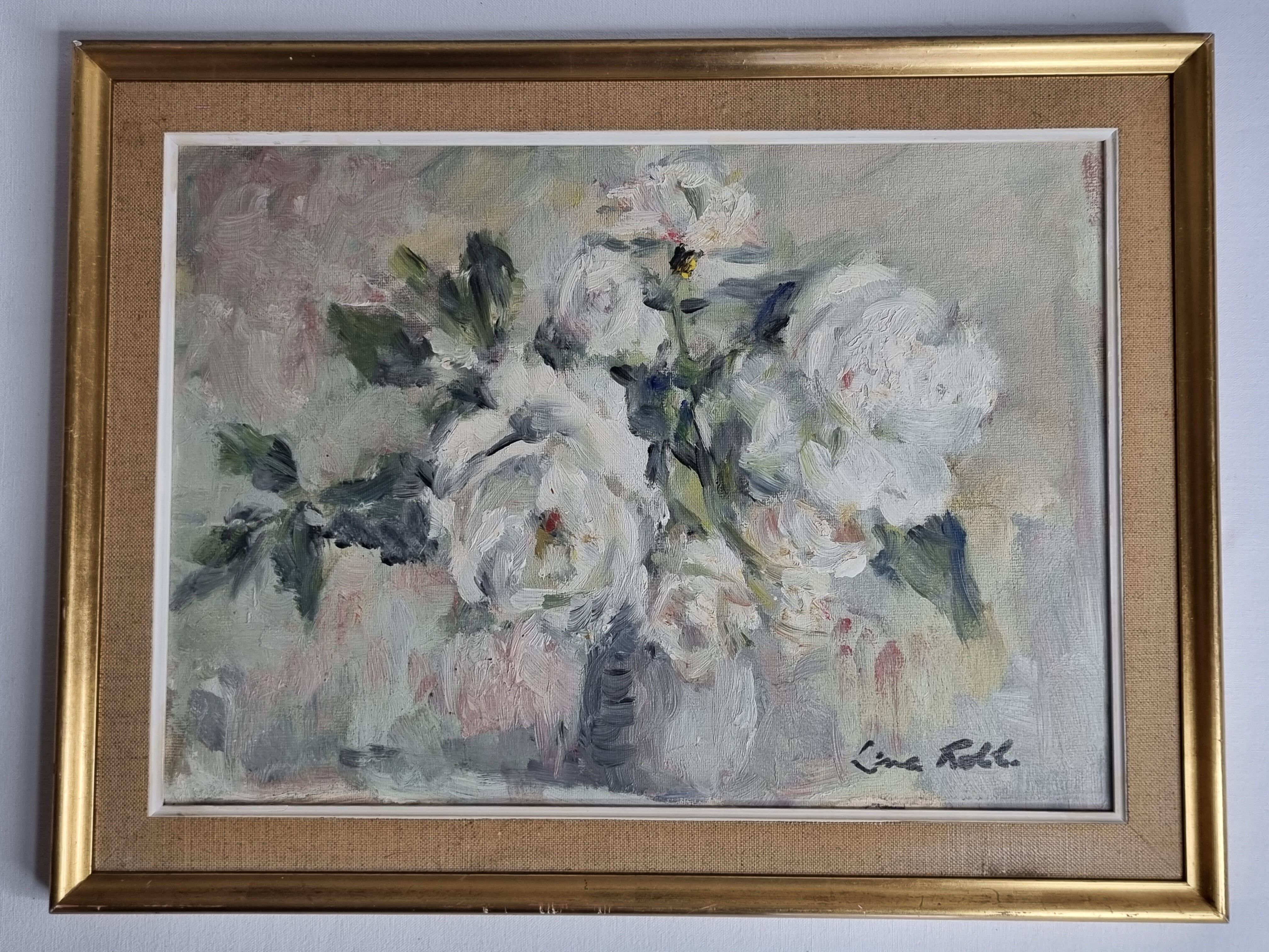 Floral composition, roses, oil on panel signed Line Roll.