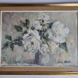 Floral composition, roses, oil on panel signed Line Roll.
