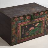 Ancienne malle orientale avec peintures de fleurs de lotus (c.1900)