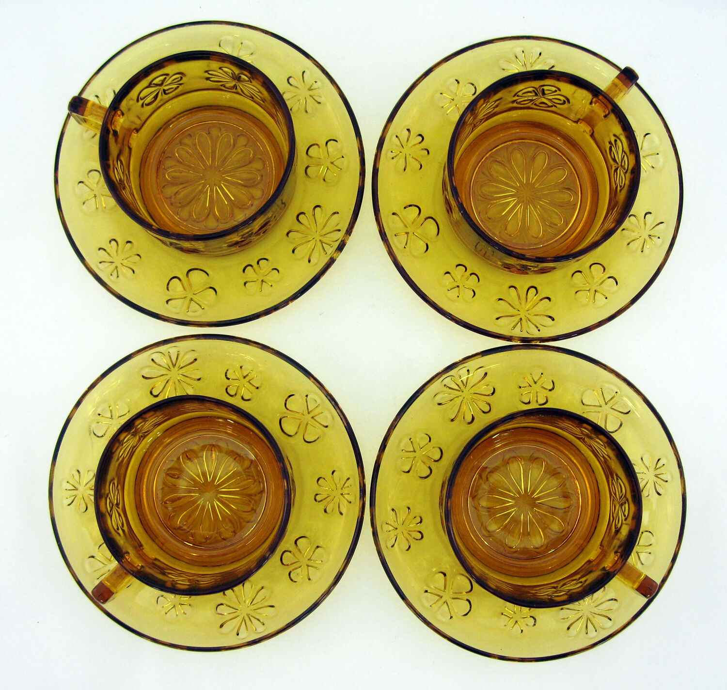 4 large amber yellow glass cups, floral décor, Daisy Vereco France, vintage 70s