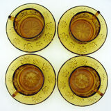 4 large amber yellow glass cups, floral décor, Daisy Vereco France, vintage 70s