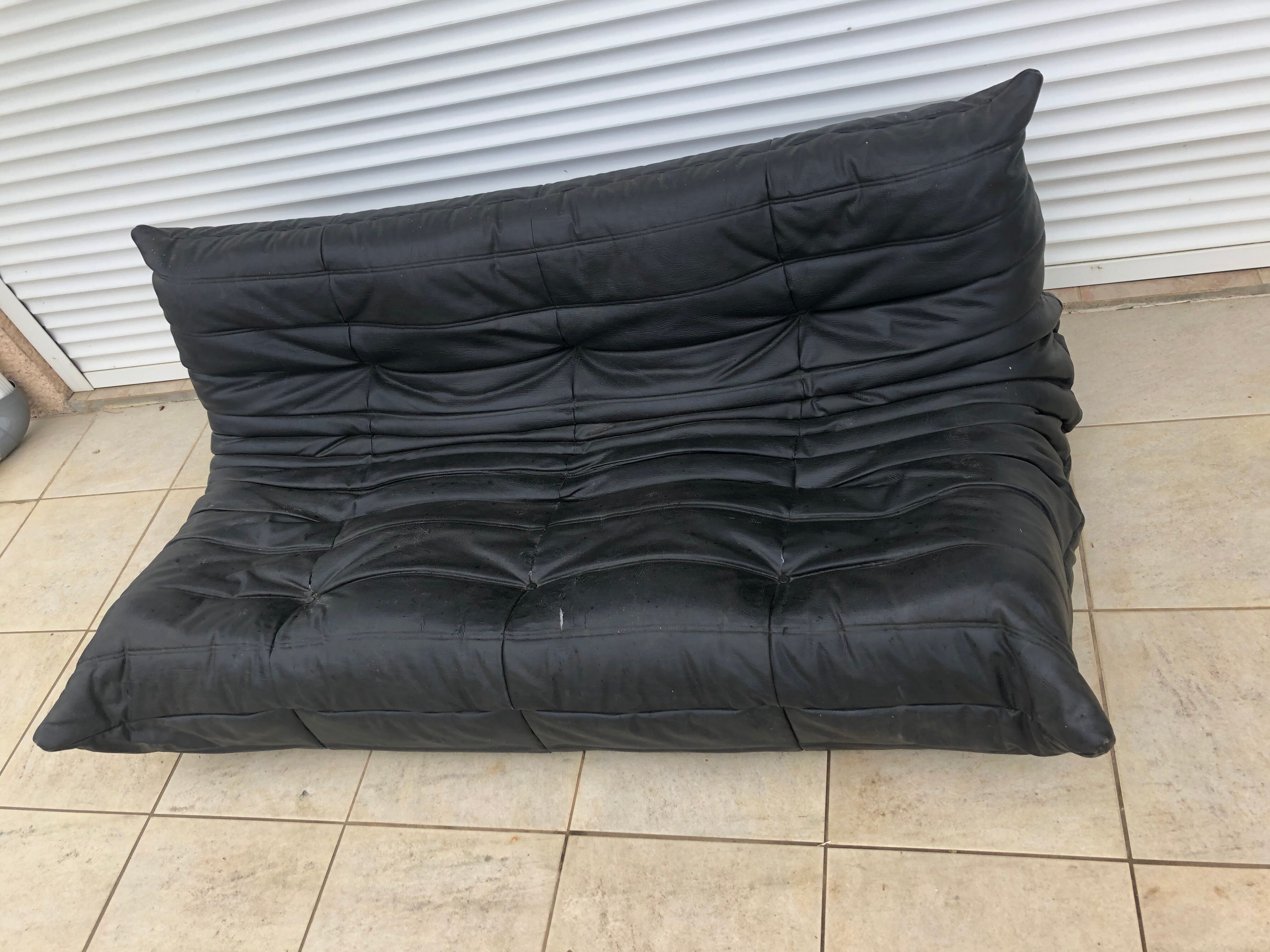 3-seater black leather Togo sofa by Michel Ducaroy for Roset Line