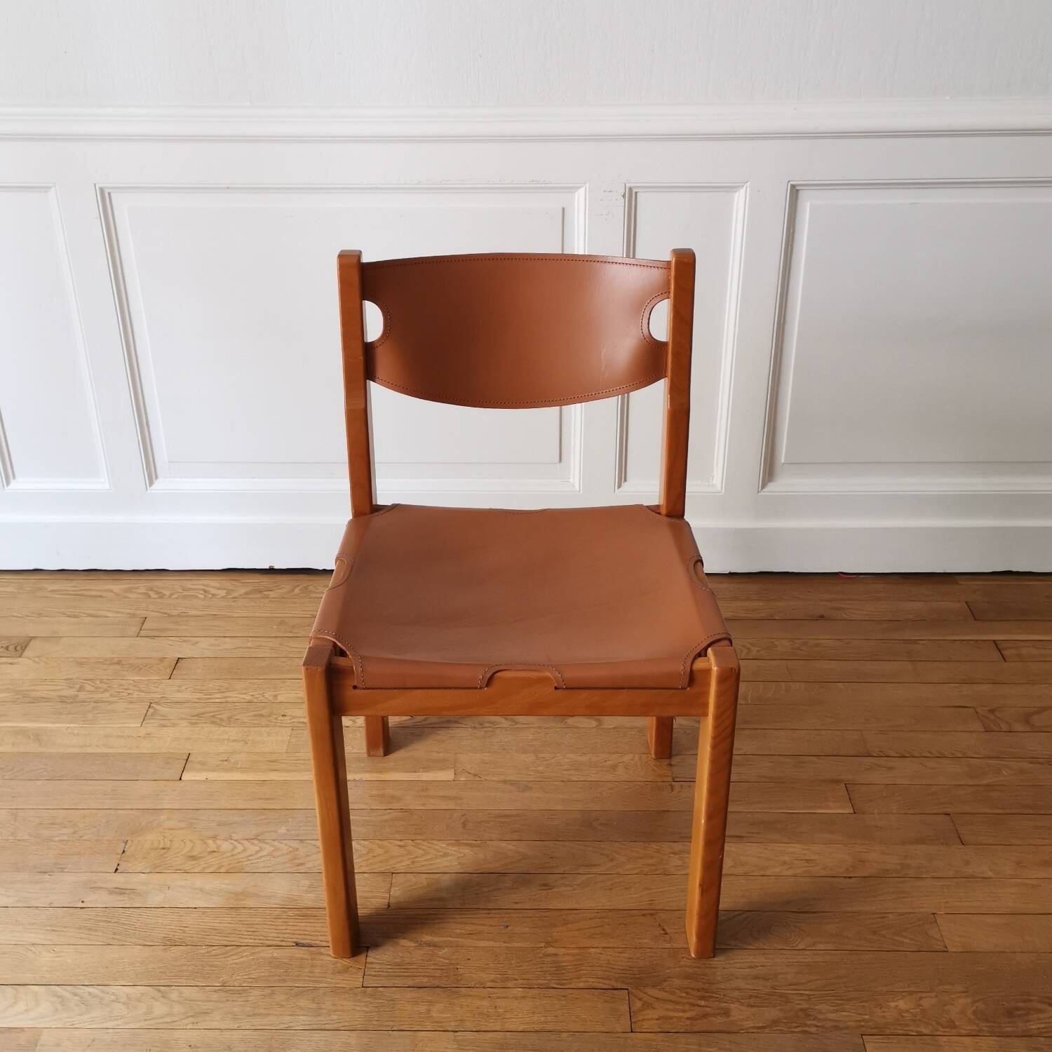 Elm and leather chair, Maison Regain, 1970/80