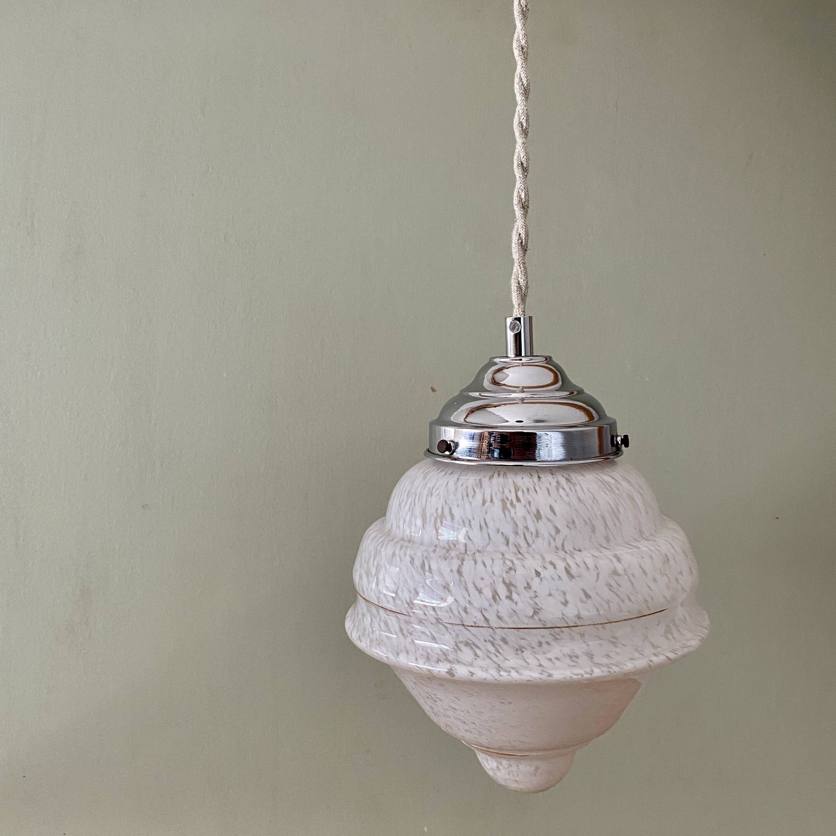 Vintage art deco globe pendant light in white Clichy glass