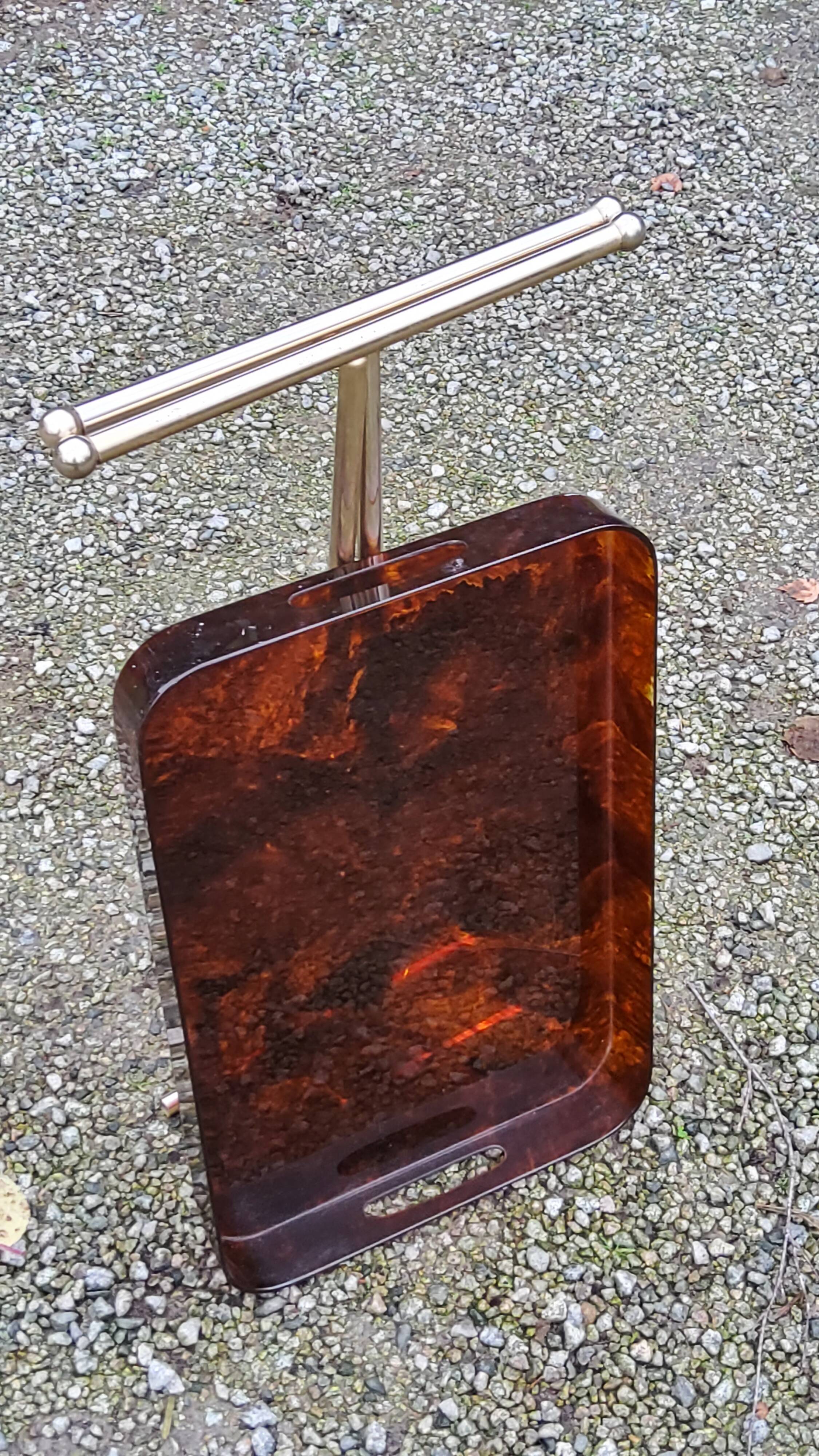 Gold metal side table with tortoiseshell lucite top from the 70s