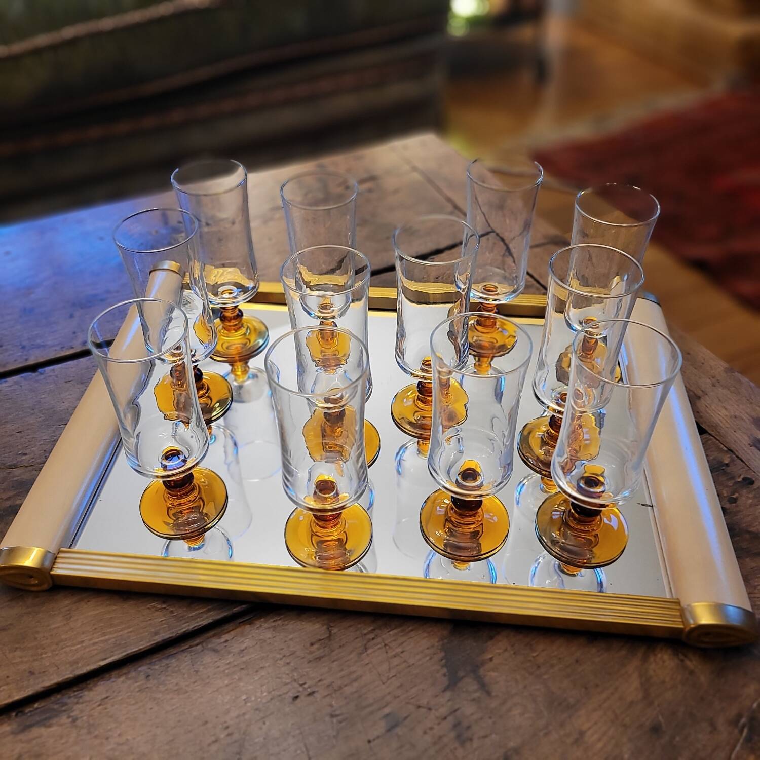 12 amber-stemmed flutes, 70s