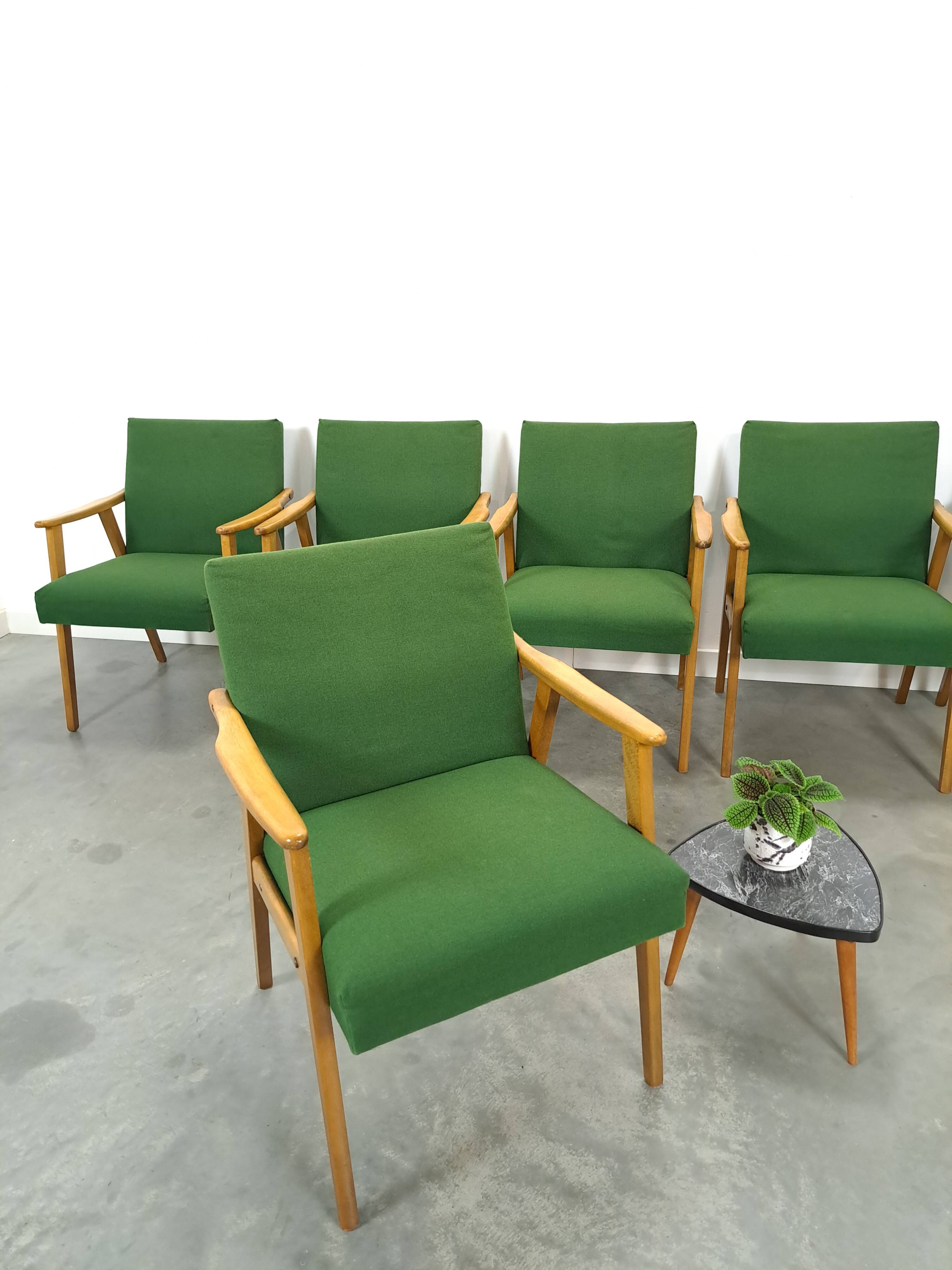 Set of 6 groene eetkamerstoelen met beukenhout