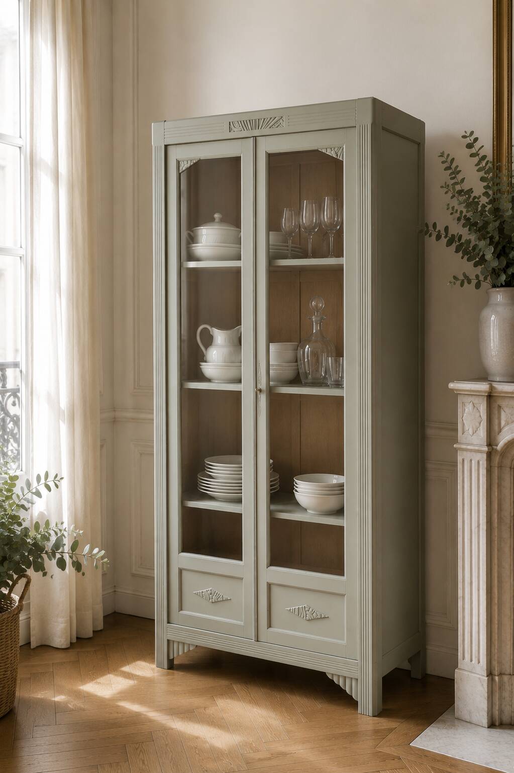 Renovated Art Deco display cabinet in grey-green.