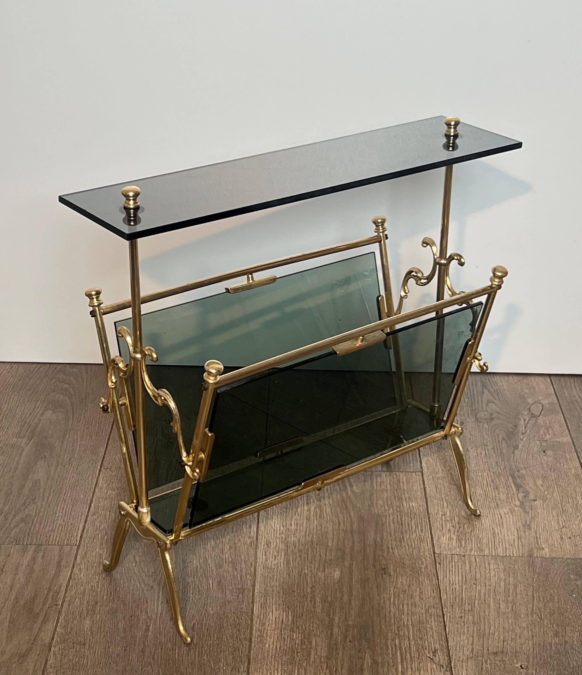 Brass magazine rack and blue-tinted glasses