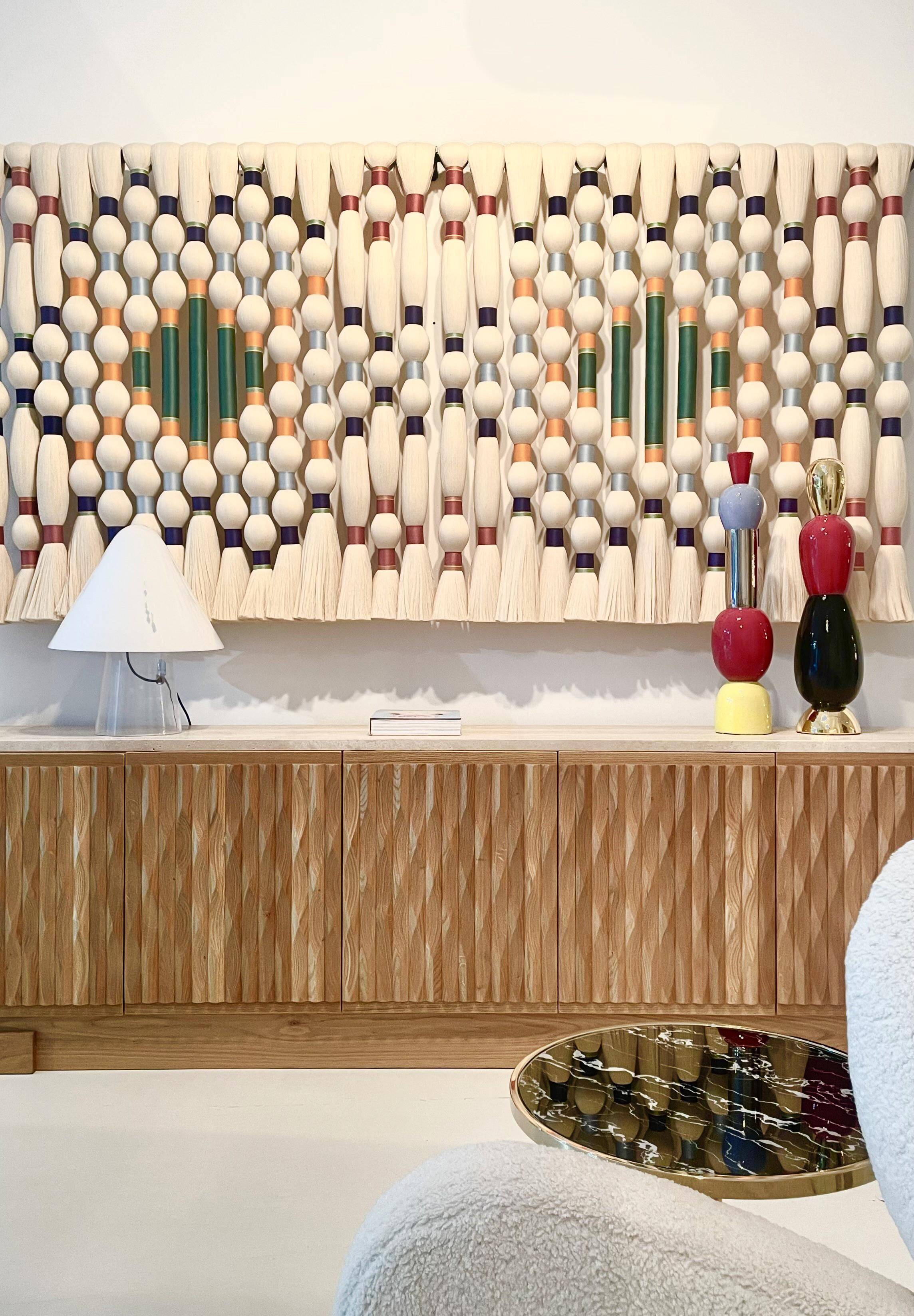 Italian Oak Wood Sideboard with Hand Carved Patterns and Travertine Marble Top