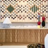 Italian Oak Wood Sideboard with Hand Carved Patterns and Travertine Marble Top