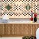 Italian Oak Wood Sideboard with Hand Carved Patterns and Travertine Marble Top