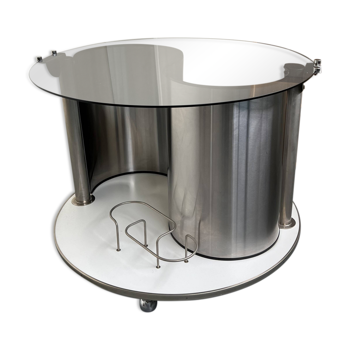 Vintage metal and smoked glass coffee table on casters bar