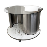 Vintage metal and smoked glass coffee table on casters bar