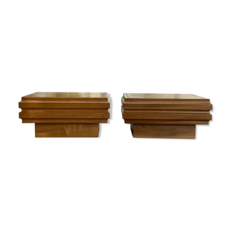 Pair of brutalist bedside table in solid elm, Maison Regain circa 1960