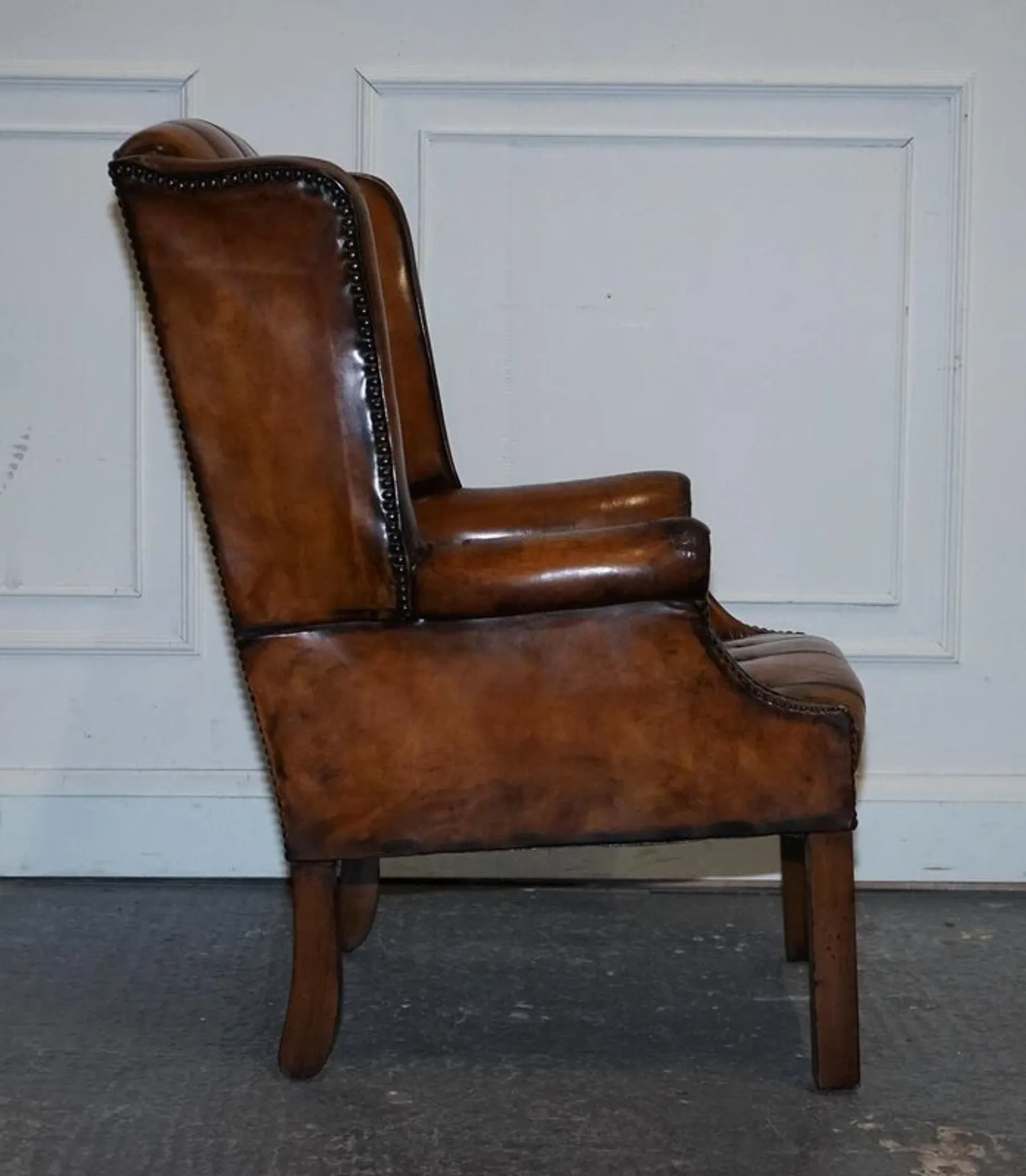 Chesterfield Wingback Armchair Set in Hand-Dyed Brown Leather, 1960s