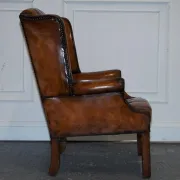 Chesterfield Wingback Armchair Set in Hand-Dyed Brown Leather, 1960s