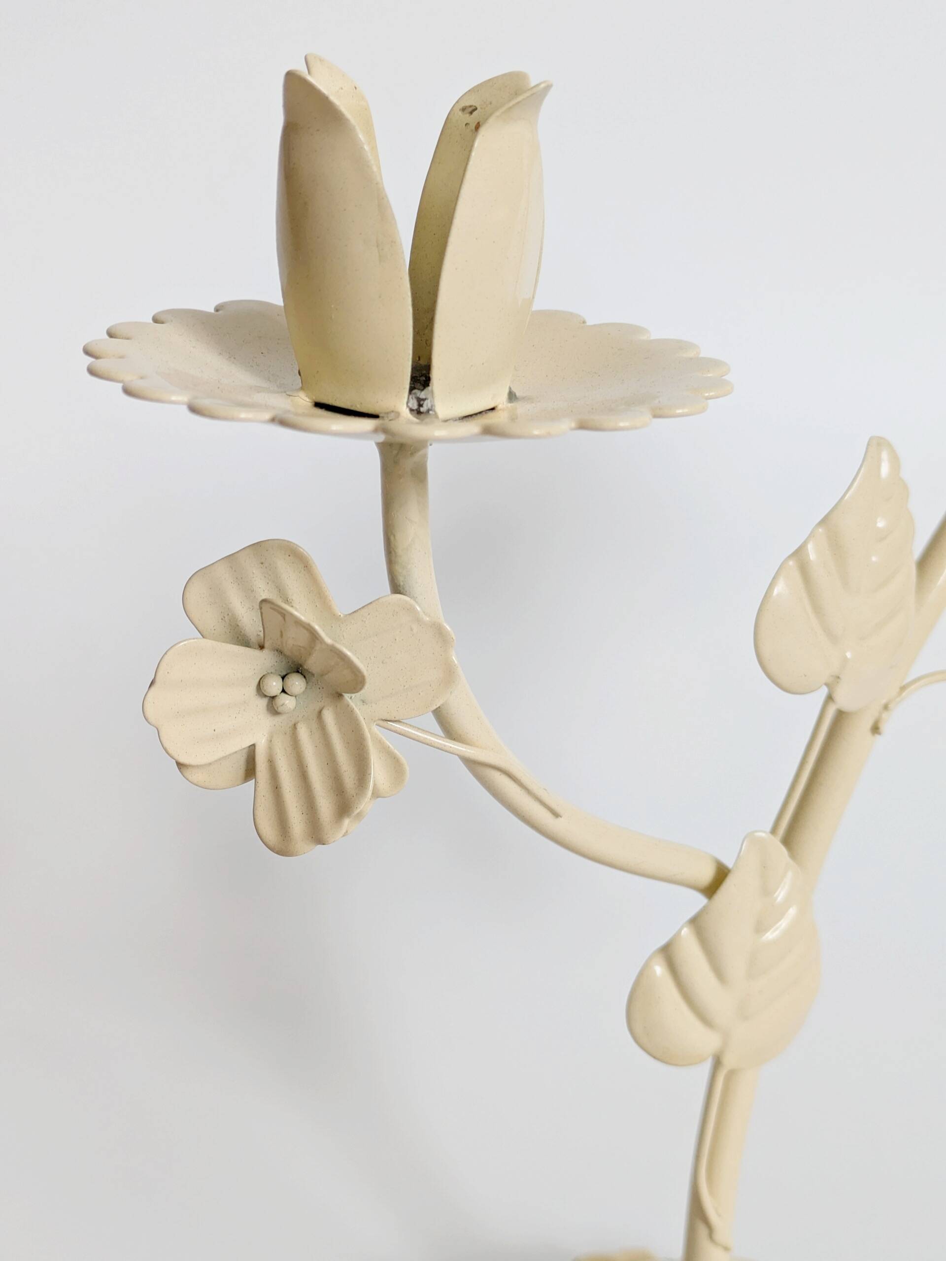 Vintage Italian white painted cast iron candlestick, floral motif, 1970s