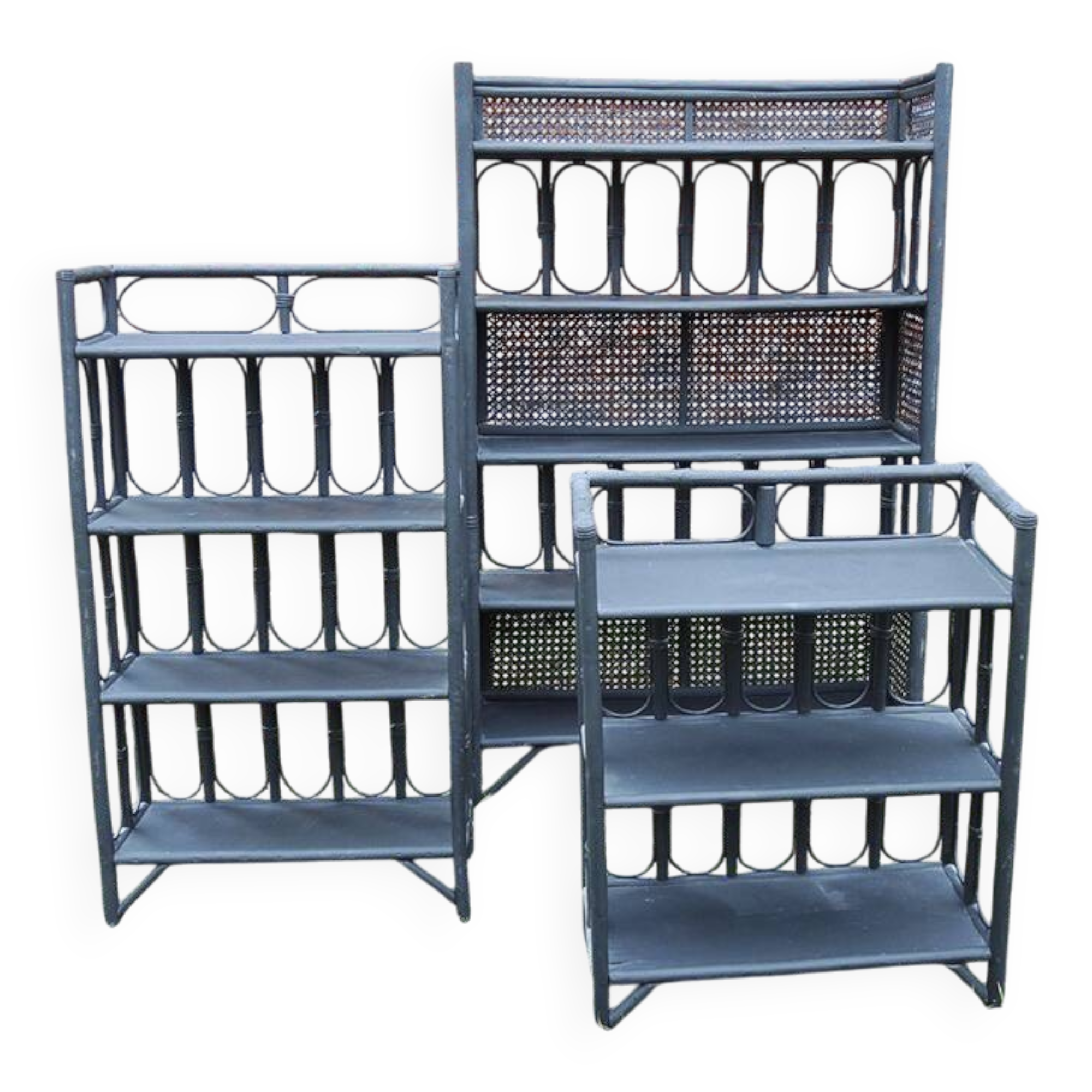3 Antique Black Rattan Bookcases and Shelves