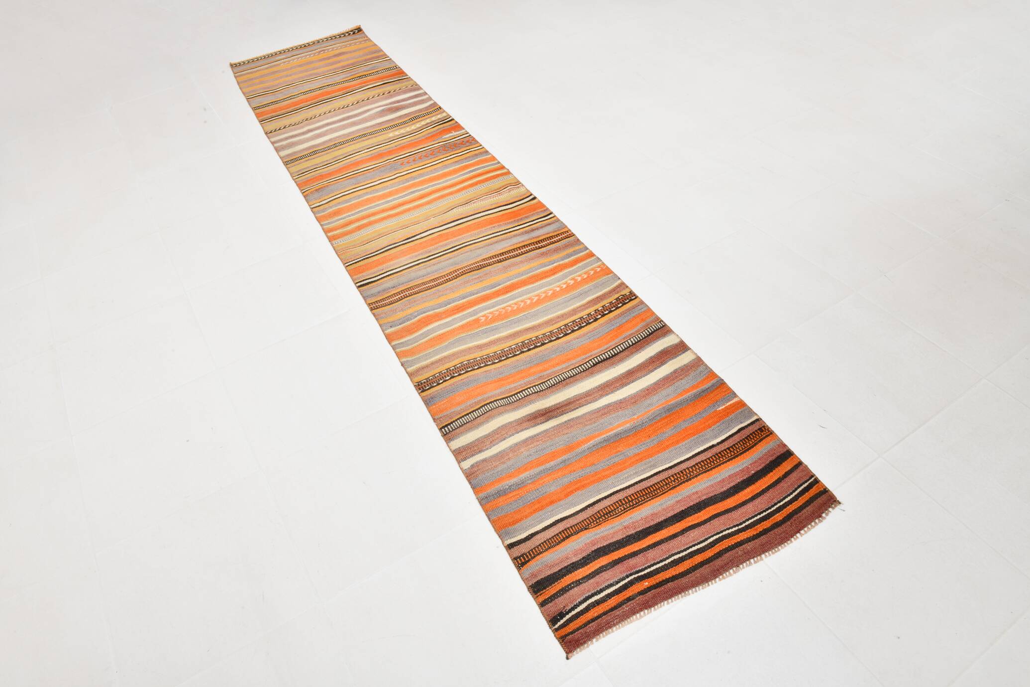 Orange Green Striped Pattern Vintage Runner Rug, 69x325Cm