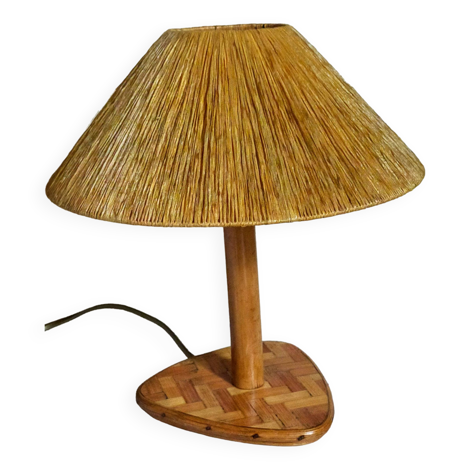 Table lamp in wood and rattan, 50s raffia lampshade