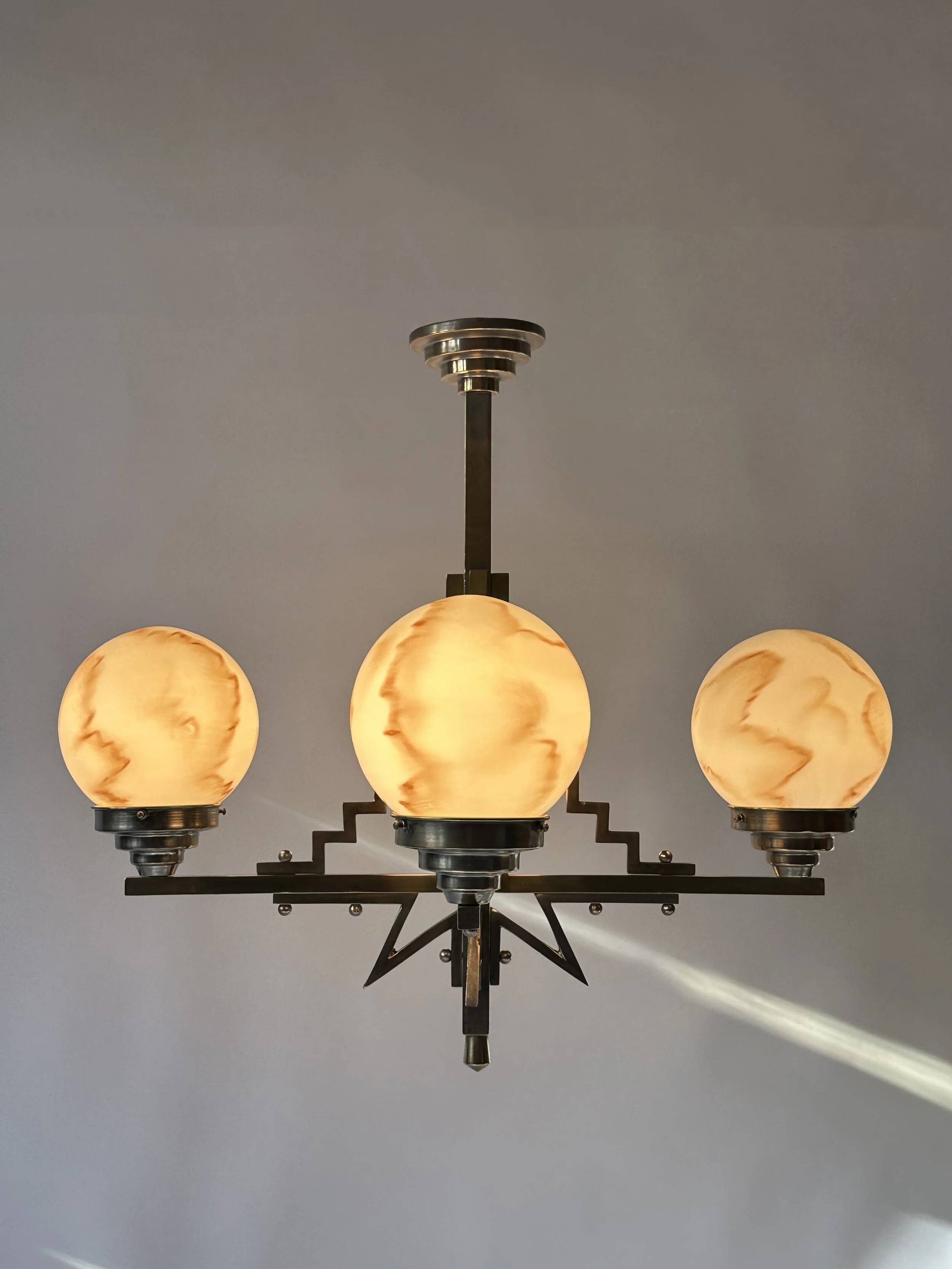 1930's brass and nickel Art Deco chandelier