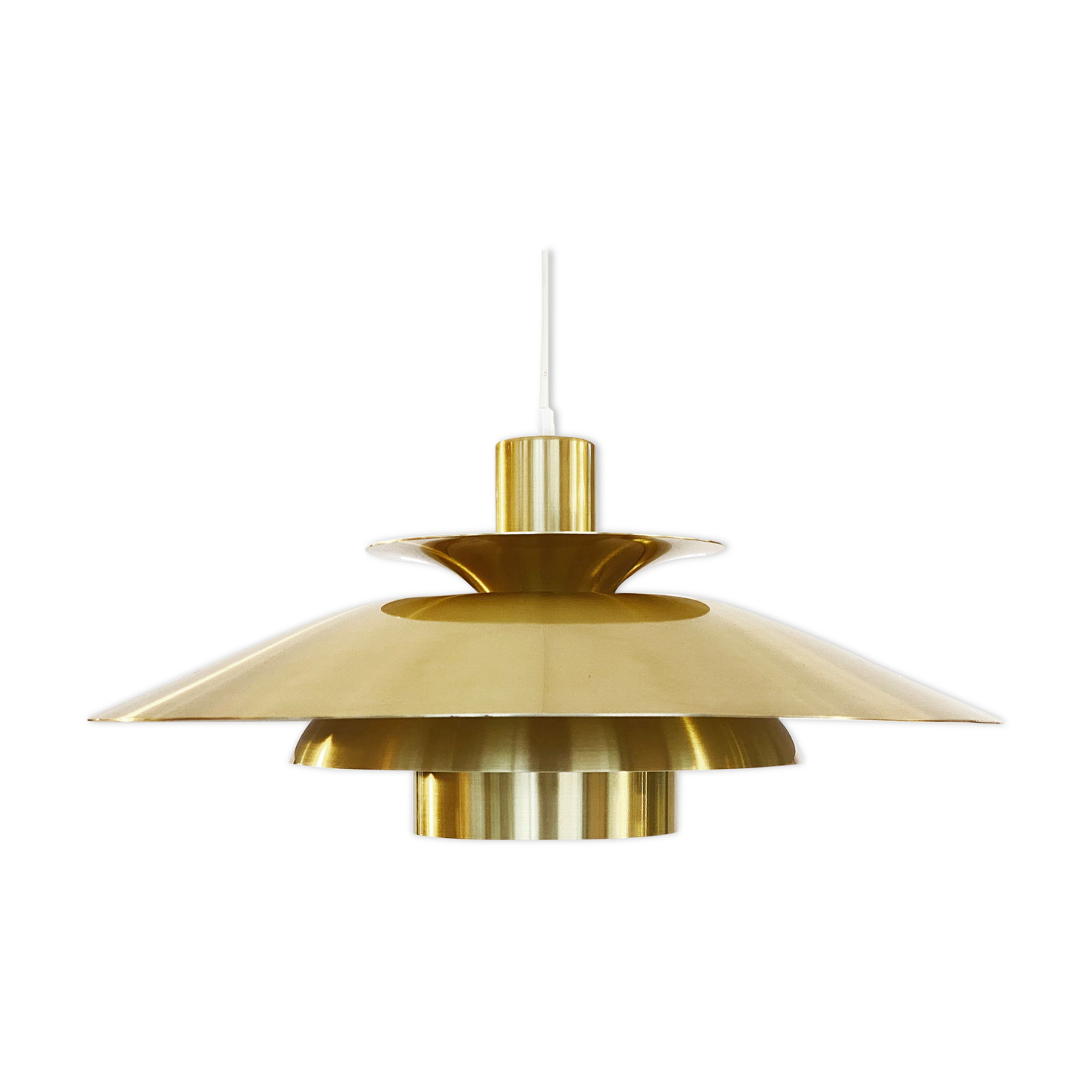 Golden colored aluminum pendant light from Frandsen Lighting. Denmark 1970s