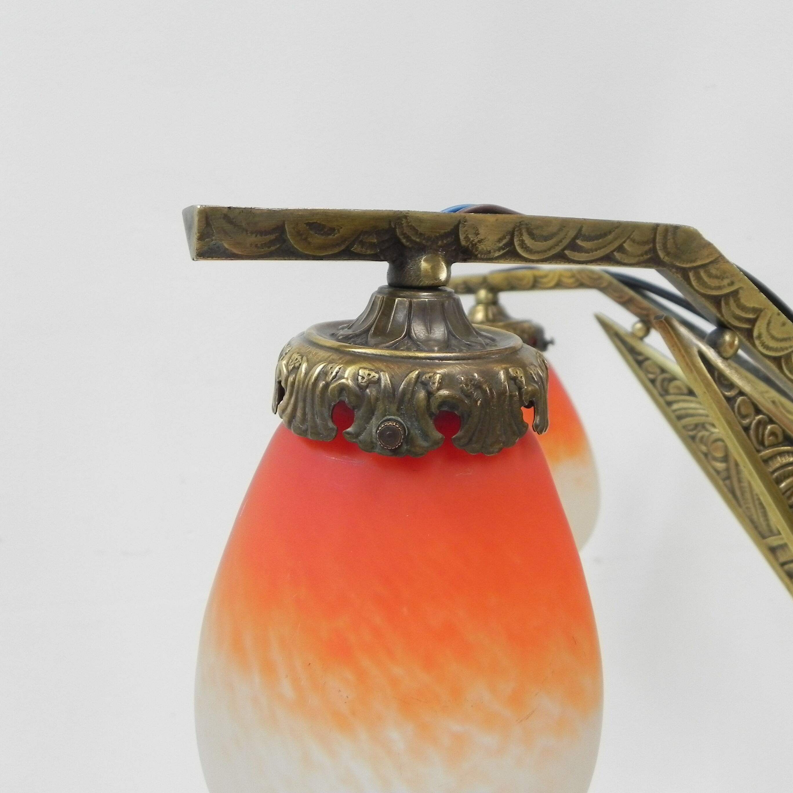 Brass Art Deco hanging lamp with 5 "pates de verre" shades