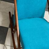 Ton, Thonet arm less rocking chair in blue velvet upholstery