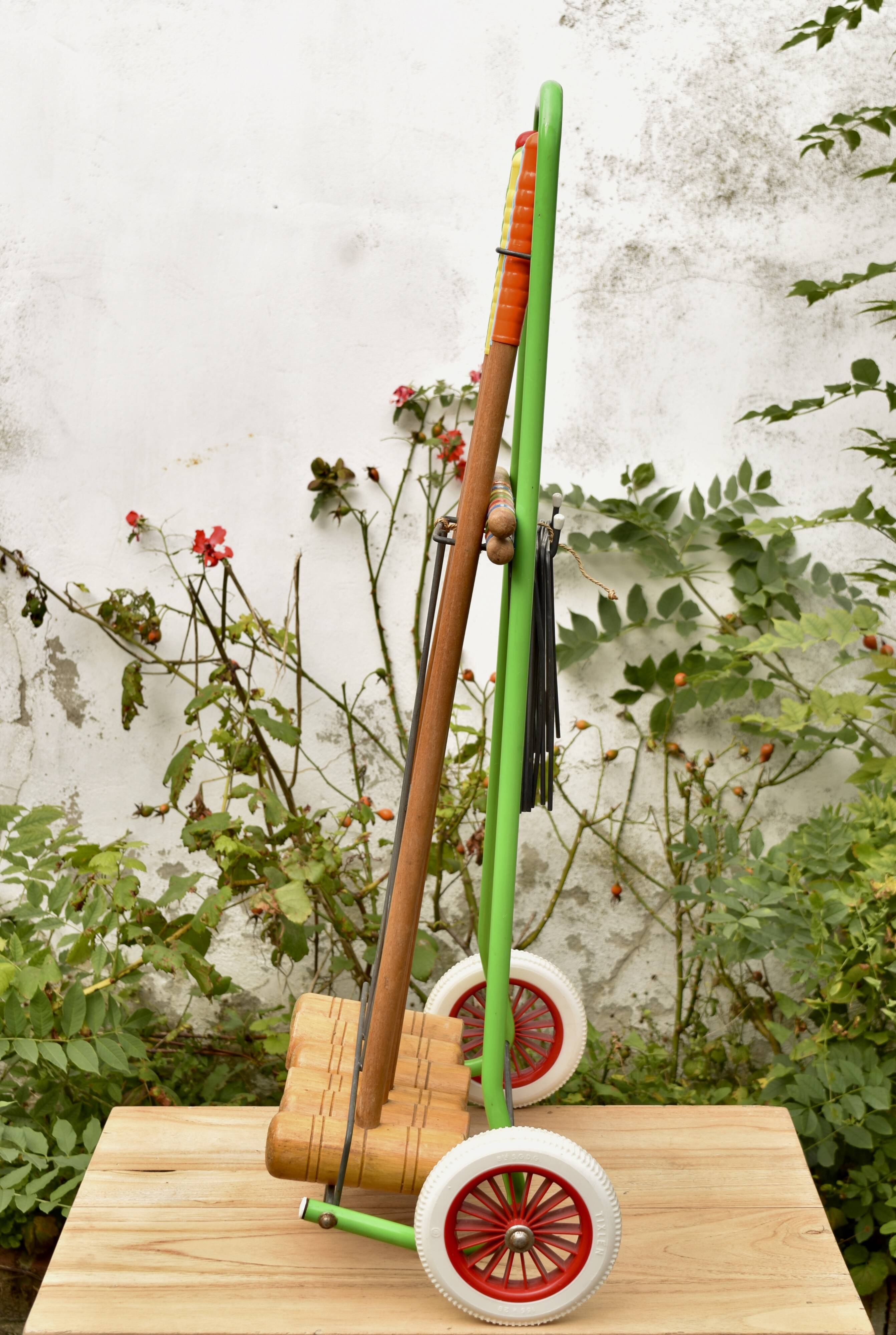 Old large wooden croquet game - metal cart - 1970