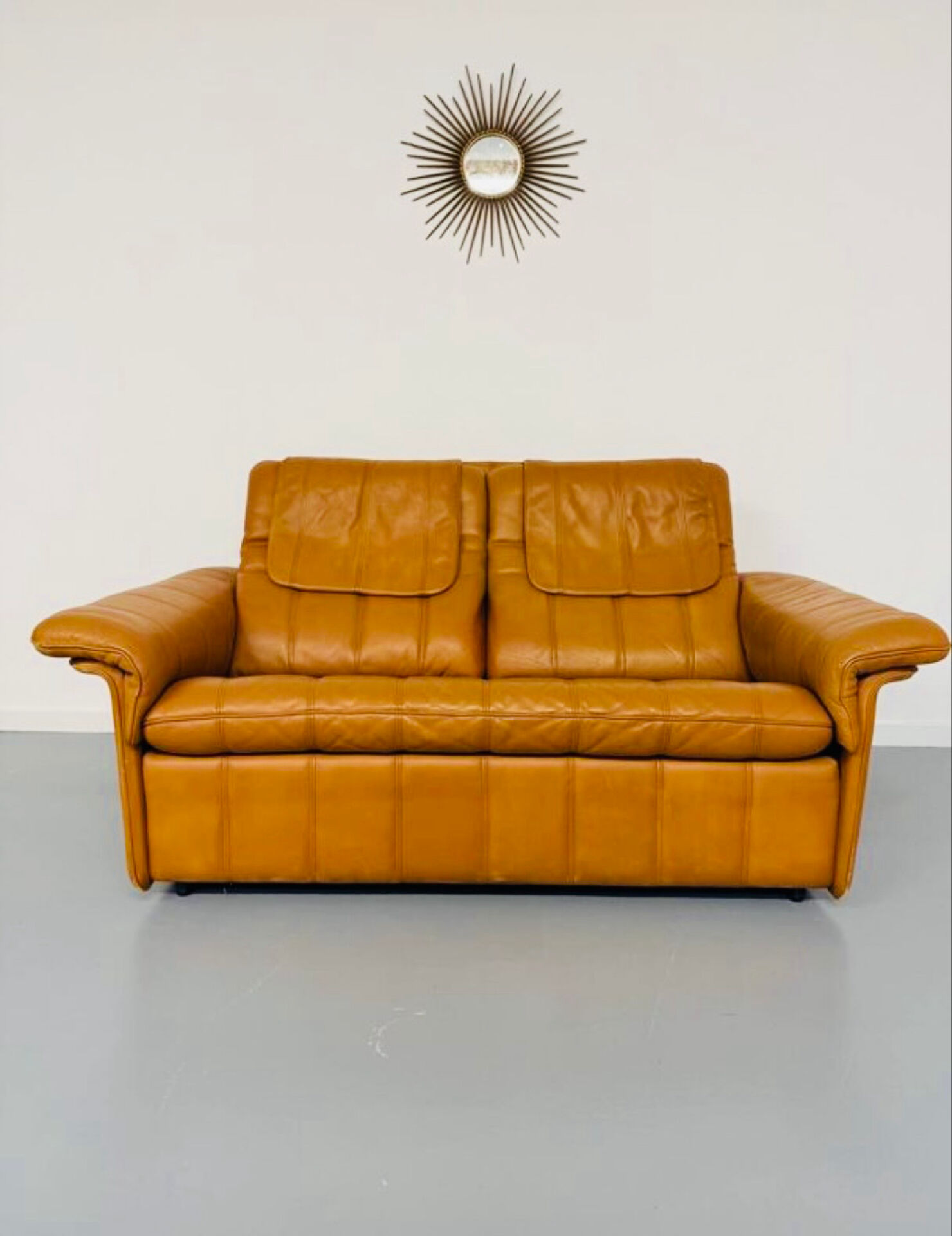 Vintage 70s thick cognac leather 2-seater sofa by De Sede.